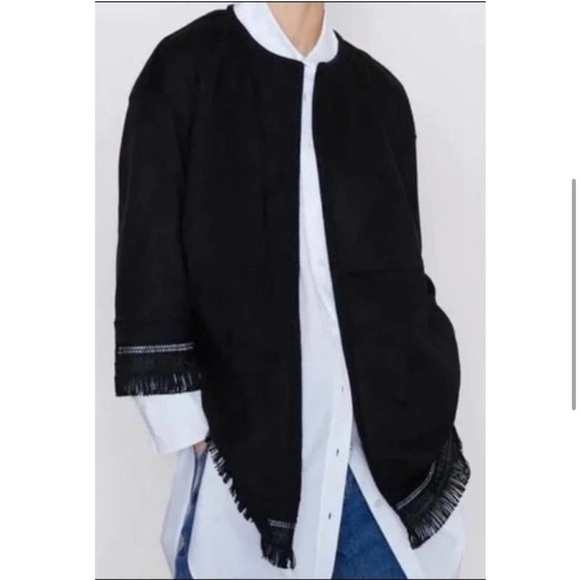 ZARA Faux Suede Fringed Trim Boho Jacket in Black Medium Women’s Festival - Picture 8 of 15